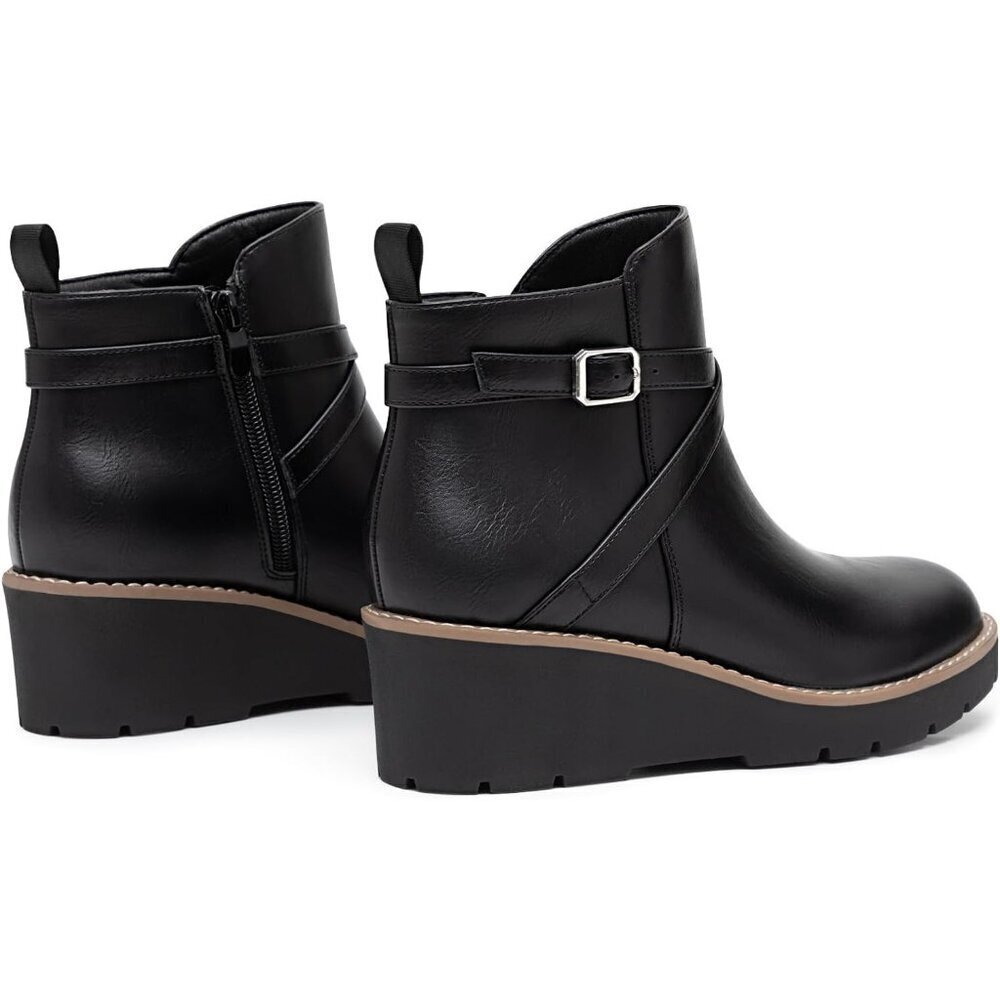 Women's Black Wedge Ankle Boots Platform Lug Sole Buckle Zip Short Booties - Picture 5 of 6